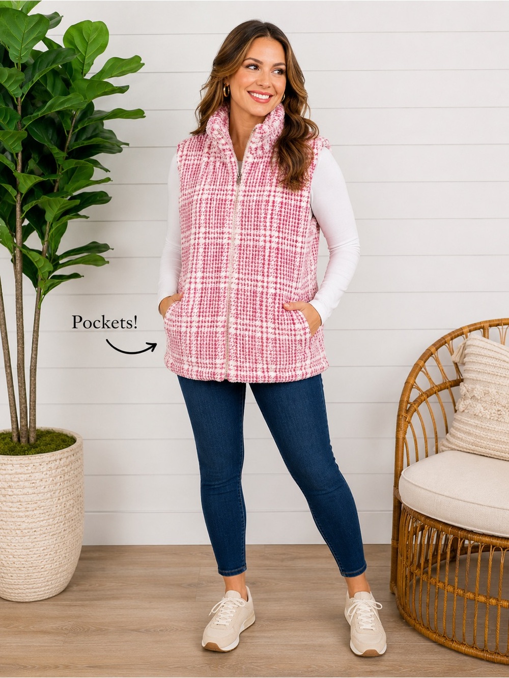 Katydid XXL Pink Plaid Sherpa Zip Vest Pockets Lined NWOT